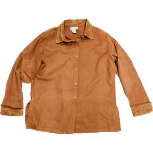 Vintage Button Down Shirt Womens Size Medium Long Sleeve Rust Brown Embroidery